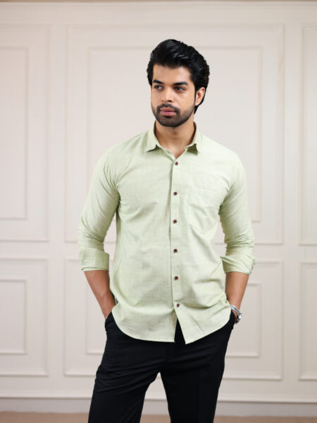 Pista Nut Green Handloom Cotton Full Sleeve Shirt